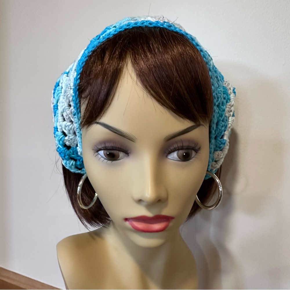 Teal and white hand crochet, BoHo bandana kerchief